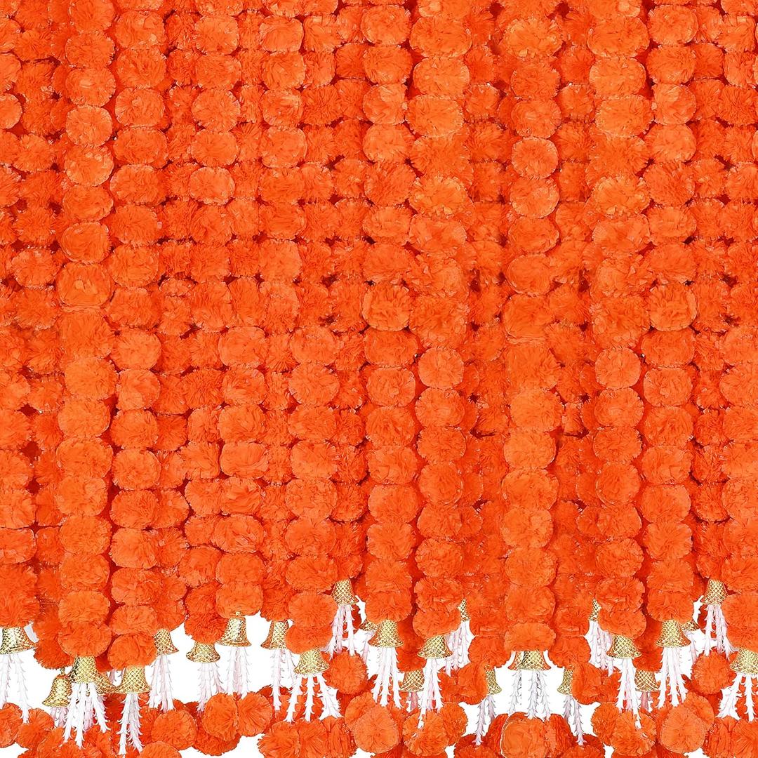 6 Pcs 5 Ft Artificial Marigold Flowers Garland, Dia de Los Muertos Faux Garlands Diwali Decoration with Pendant Bell for Indian American Wedding Party Mantle Decor (Dark Orange)