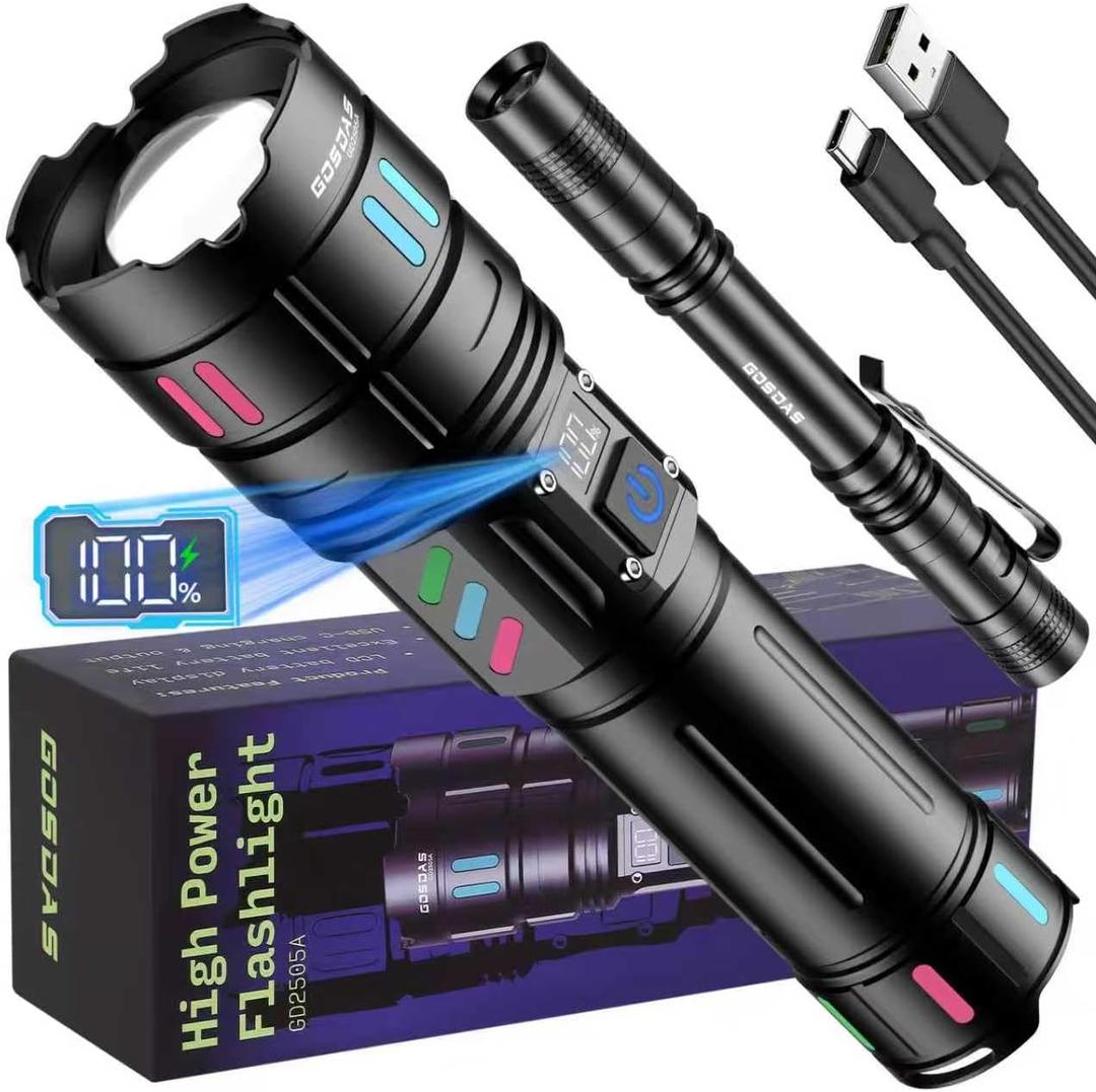 Rechargeable Flashlights High Lumens 100000 Long Distance, Single Click 3 Modes, Super Bright LED Flashlight USB C Long Lasting 15H, Powerful Strong Flash Light for Security Hiking Camping, 1 Pack