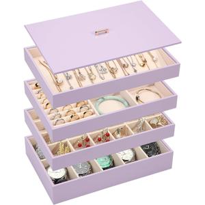 Voova Stackable Jewelry Organizer Tray with Lid, PU Leather Jewelry Storage Holder for Drawer Inserts, Jewellery Display Box Case for Earring Necklace Ring Watch Bracelet (Set of 4, Lavender)
