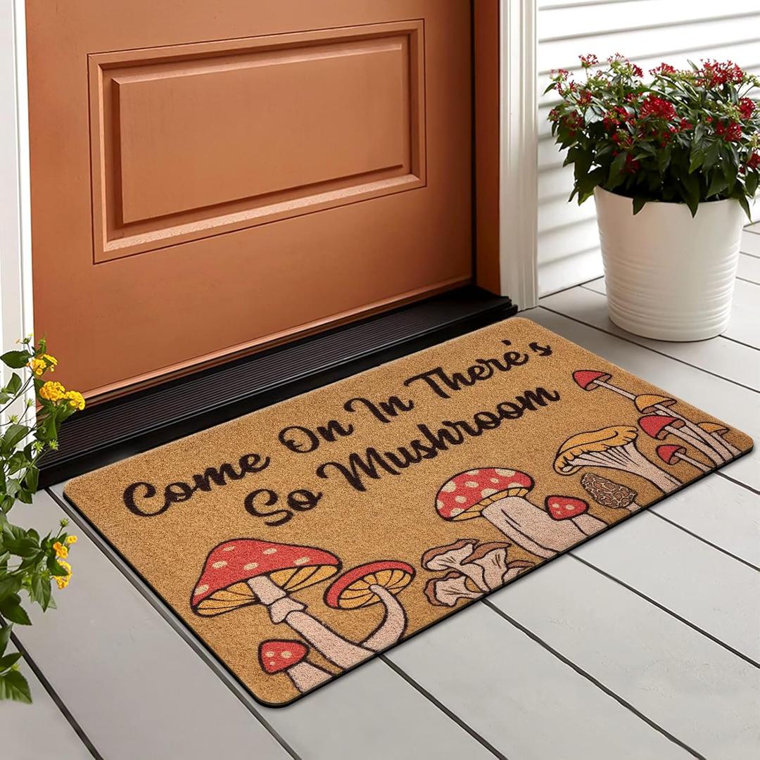 CiyvoLyeen Mushroom Welcome Doormat, Funny Front Door Mat Coir Rug Indoor Outdoor Entrance Porch Carpet Fungi Cottage Home Decor Cottage Housewarming Gift 17x29.5 Inches (Brown)