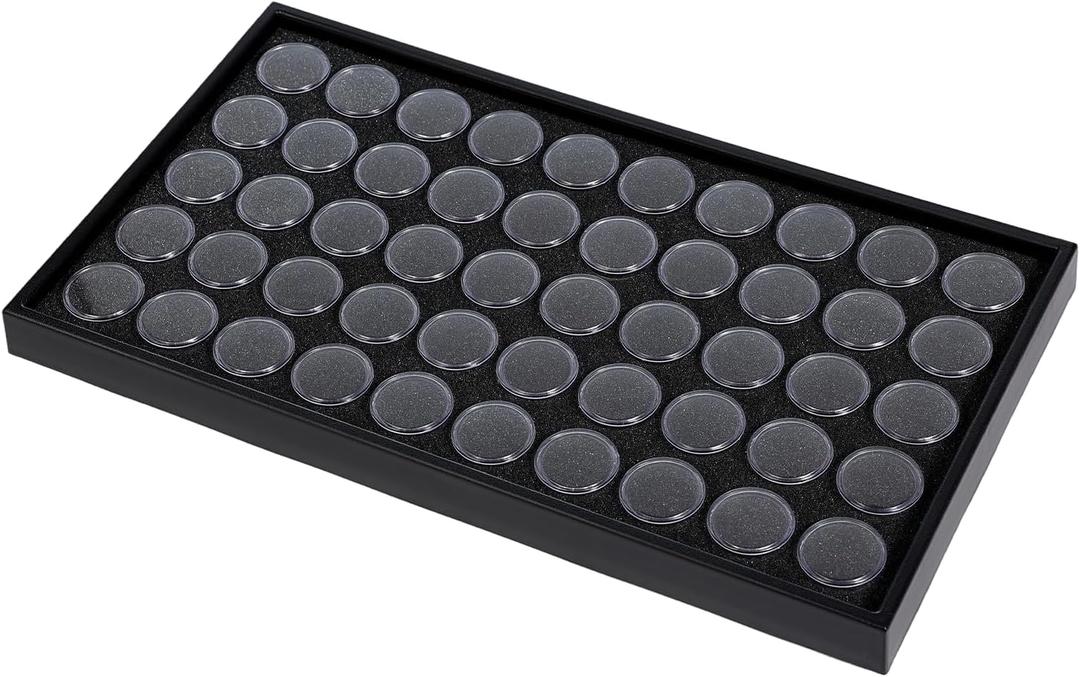 50 Gem Display Case Diamond Gemstone Storage Box, Small Round Plastic Containers Box Jewelry Organizer Container with Foam, Black Foam Gem Jars Showcase with 50 Gemstones Storage Jar