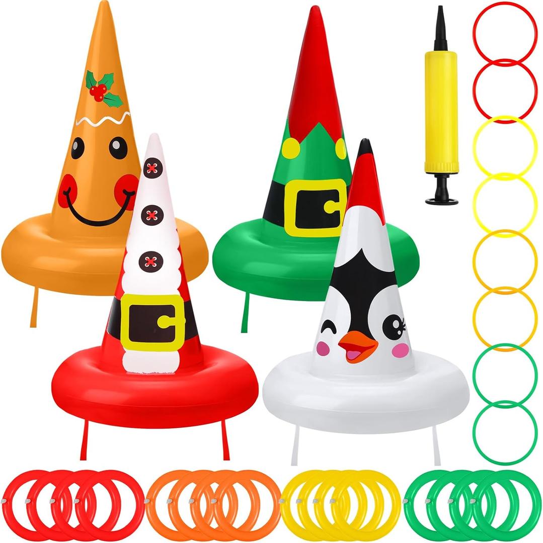 Simgoing 29 Pcs Christmas Ring Toss Games Set Inflatable Hat Ring Toss Game with Air Pump for Adults Family Party Indoor Outdoor Toys Gifts
