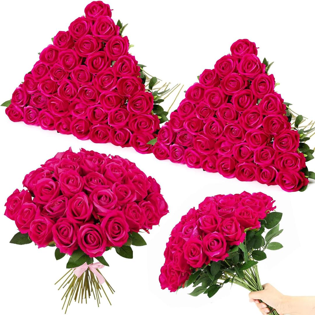 80 Pcs Roses Artificial Flowers, Silk Hot Pink Artificial Flowers Petals Long Stem Roses for Wedding Bouquet Home Party Decor
