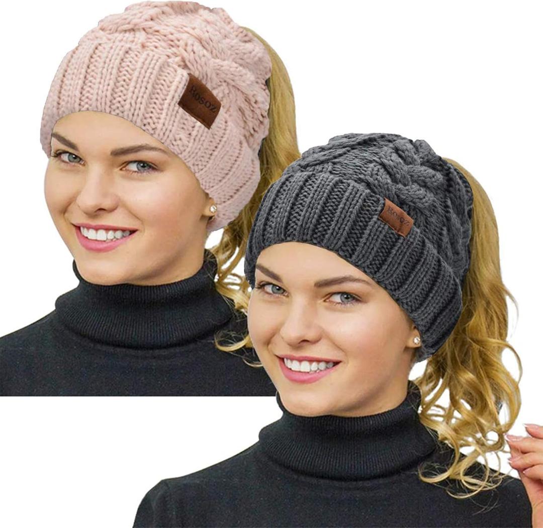 Rosoz Ponytail Beanie for Women,Winter Warm Beanie Tail Soft Stretch Cable Knit Messy High Bun Hat (One Size, 2pack-grey/Beige)