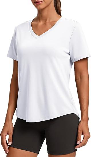PINSPARK Soft Workout Tops for Women Short Sleeve V Neck Moisture Wicking UPF 50+ Sun Protection Quick Dry Gym Shirts, XL