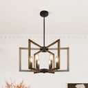 6-Light Modern Farmhouse Pendant Lights for Kitchen Island, Vintage Geometric Dining Room Lighting Hanging, Industrial Chandelier for Hallway Foyer, Retro Wood Texture and Black Finish
