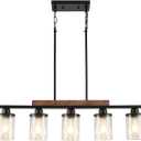 Dining Room Light Fixture,5-Light Kitchen Island Lighting Farmhouse Chandelier,Matte Black Metal Wood Industrial Pendant Lighting,Modern Dining Table Lights