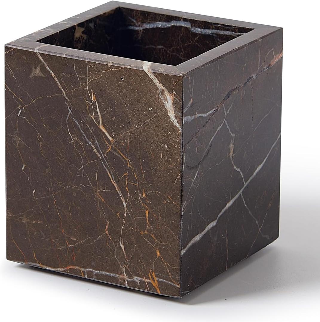 Real Natural Travertine Marble Toothbrush Holder & Pen Holder & Makeup Brush Holder & Utensil Holder, Genuine Stone Rectangular Bathroom Tumbler Cup, Durable Office & Home Countertop Organizer