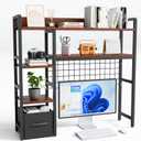 4- Tier Desk Shelf, Wooden Desktop Organizer Shelf with Grid Panels,Home Dormitory Office Computer Desk Bookshelf Storage Rack,Office Desk Bookshelf with a Woven Drawer,Black,38.6" Wide