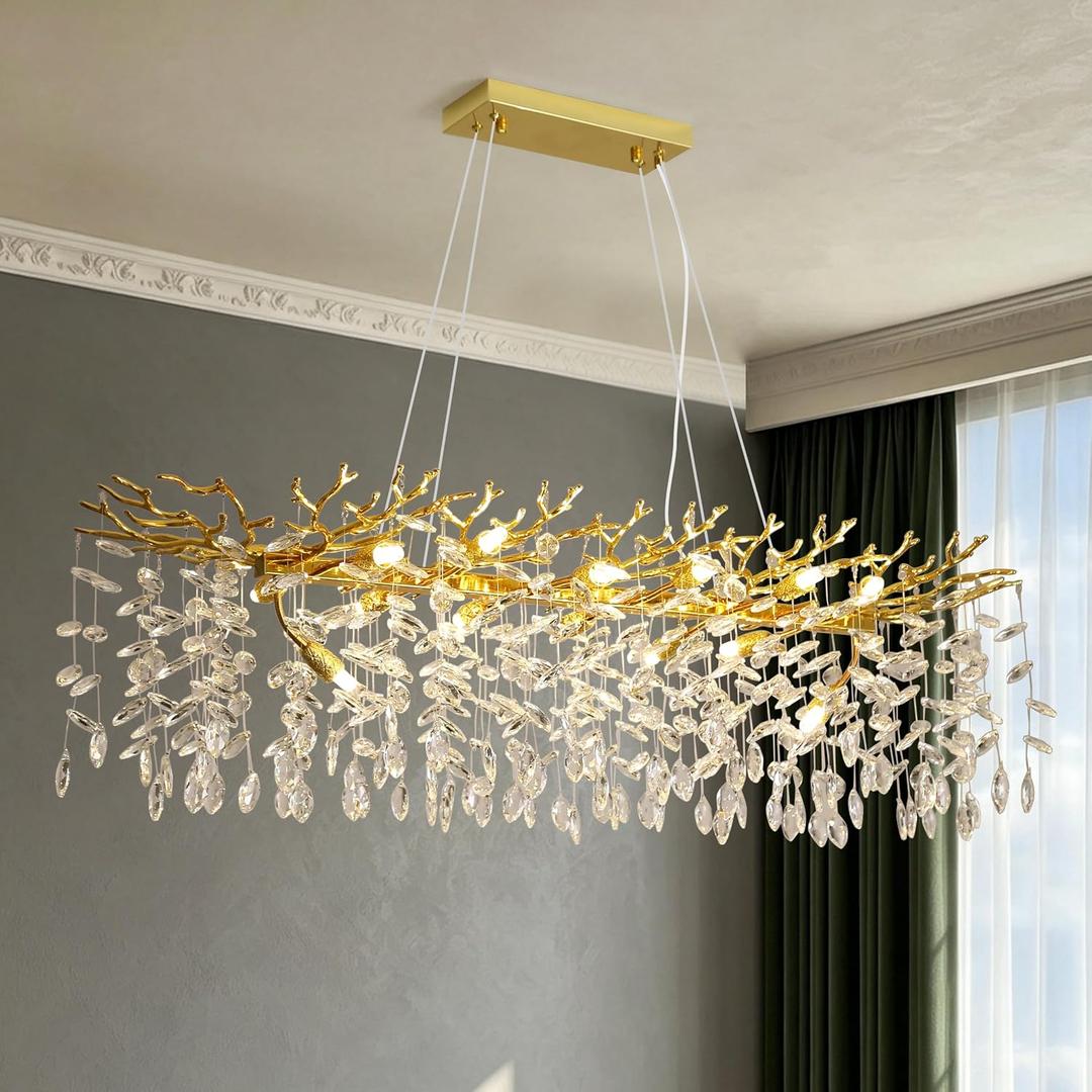 Modern Crystal Tree Branches Chandelier, 47.5in Gold 14 Lights Large Ceiling Hanging Light for Dining Room, Rectangle Raindrop Pendant Light Fixture