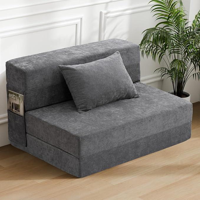 HOMFINE Folding Sofa Bed - Convertible Sleeper Chair with Pillow, Fold Out Couch, Memory Foam Floor Mattress, Futon Couch, Lazy Sofa for Living Room/Dorm/Guest Room/Home Office, Twin, Grey