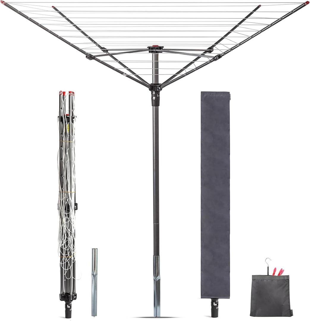 STORAGE MANIAC Outdoor Umbrella Drying Rack, 12 Lines with 164 Feet Drying Space, Steel Frame & Adjustable Height, 4-arm Umbrella Clothesline for Laundry, Collapsible Clothes Drying Rack for Backyard