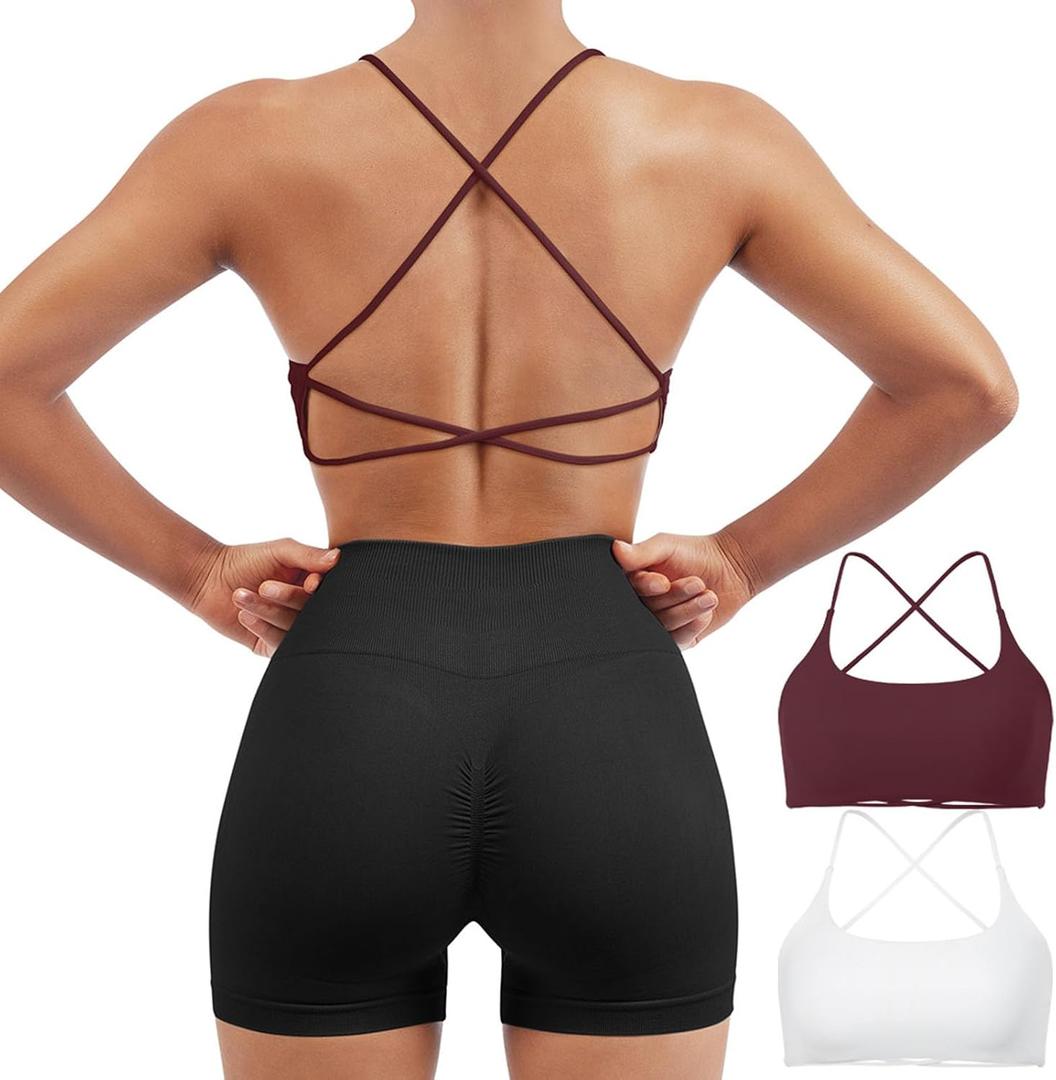 SUUKSESS Women 2 Piece Open Back Sports Bra Pack Strappy Workout Gym Yoga Crops (X-Small, #1 Pack (Red & White))