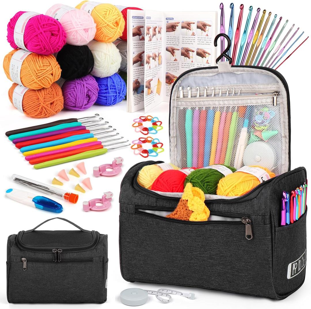 Aeelike Crochet Kit for Beginners Young and Old, First Crochet Kit for Adults Include 23pcs Crochet Hooks, 655 Yards Yarn Set for Crocheting, Instruction, Bag, Crochet Accessories and Supplies, Black