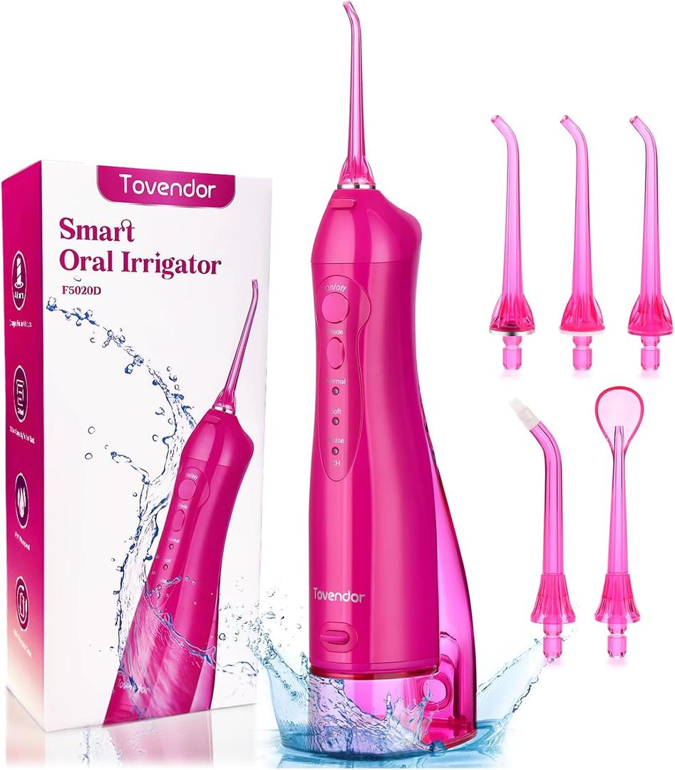 TOVENDOR Electric Water Dental Flosser Teeth Pick, Cordless Flossers Oral Irrigator IPX7 Waterproof 300ML Rechargeable Travel Water Teeth Cleaner with 5 Tips for Home Braces Care Gums Deep Cleaning (Rose Red)