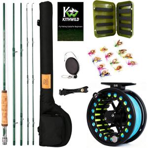 Fly Fishing Rod Combo, 4 Piece 5/6 Portable Fly Rod with Extra Tip, Pre-Loaded Fly Reel with Line Combo,Fly Box, Flies, Fly Fishing Complete Starter Package, (9FT, 5/6WT)