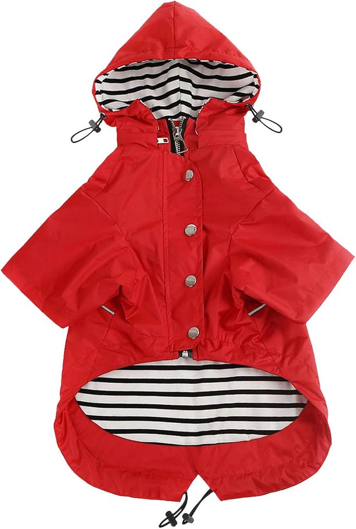 Morezi Dog Zip Up Raincoat with Reflective, Rain/Water Resistant, Adjustable Drawstring, Removable Hood, Raincoats with Legs - Red - M