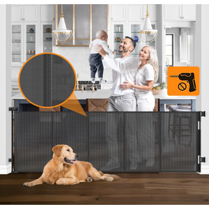 Reinforced No Drilling 100" Wide Retractable Baby Gates Extra Wide Dog Gate with Support Bars Mesh Baby Gate No Drill Retractable Pet Gates for Doorways No Drilling Retractable Dog Gates for The House, Black