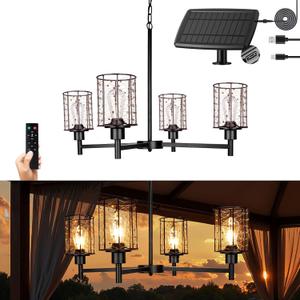 Solar Outdoor Chandelier, 4-Light 20" Hanging Copper Wire Pendant Lights, Waterproof Dimmable, Outdoor Chandelier for Gazebo, Porch, Pergola,