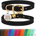 BRONZEDOG Leather Cat Collar with Removable Bells Non Breakaway Kitten QR Tag for Girl Boy (7" - 9" for Cats, Black & Gold)