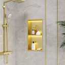 2-Tiers 12x24 Shower Niche with LED Light Strips, Golden Recessed Wall Cabinet, Stainless Steel Wall Niche for Shower Wall, Waterproof NO Tile Needed Storage Organizer (3000K LED Light)