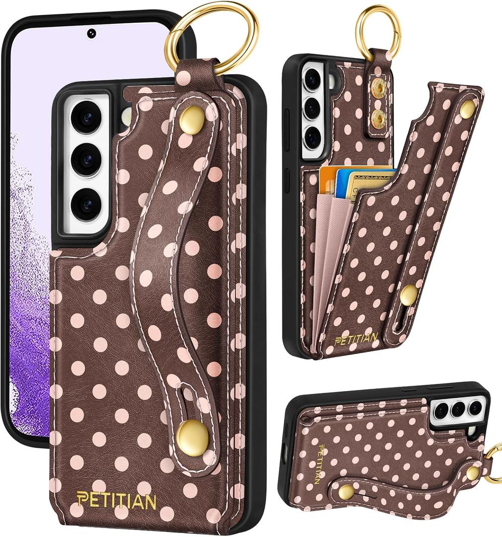 Petitian for Samsung Galaxy S21 Fe Wallet Stand Case - Women Girls Cute Girly Aesthetic Unique Design Leather Credit Card Holder Cardholder Stand Wristband for Galaxy S21 Fe, Brown Polka