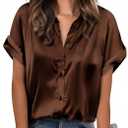 Zeagoo Womens Satin Blouse Short Sleeve Silk Tops Button Down Shirts Business Casual Outfits (Large, Chocolate Brown)
