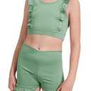 CharmWM Girls 2 Piece Outfits Athletic Ruffle V Crossover High Waisted Dance Shorts with Training Bra Crop Tank (7-8 Years, Green)