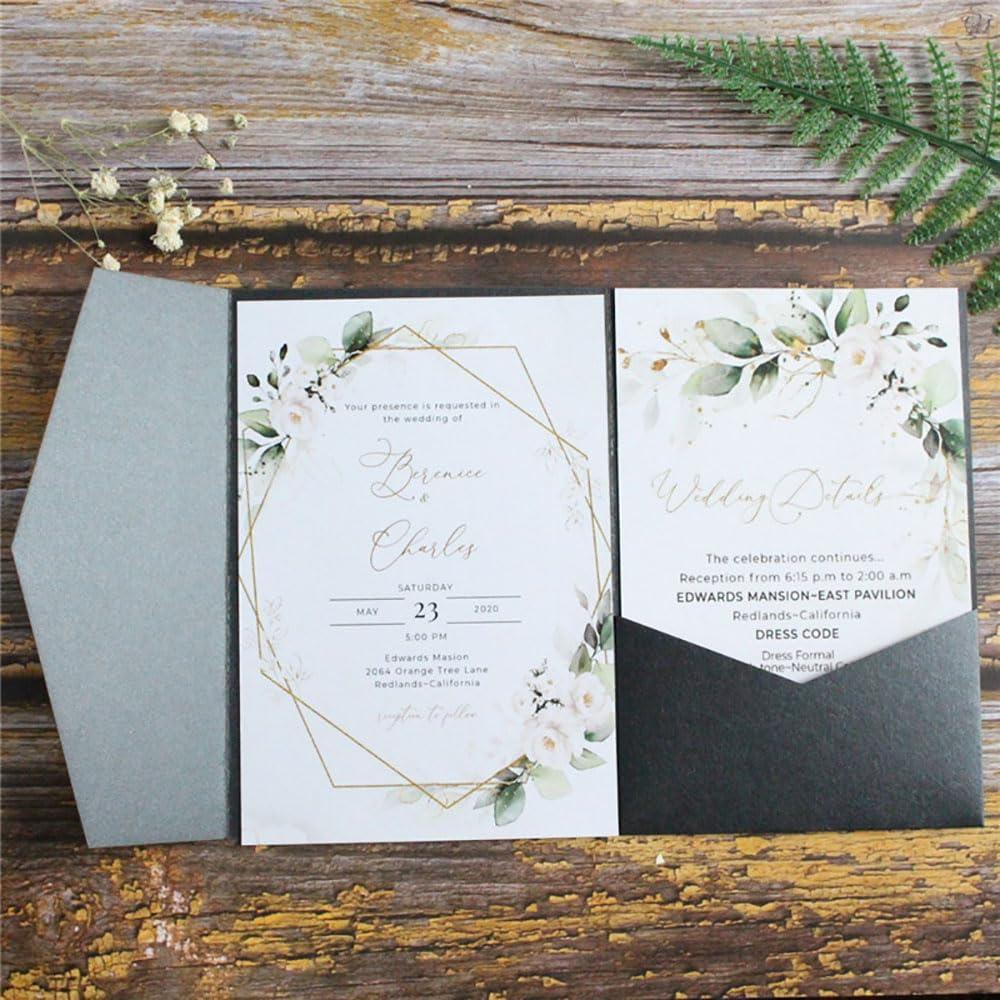Black Peal Invitation Card Pocket With Envelope For Wedding Anniversary Bridal Shower Birthday 20 sets (dark grey)