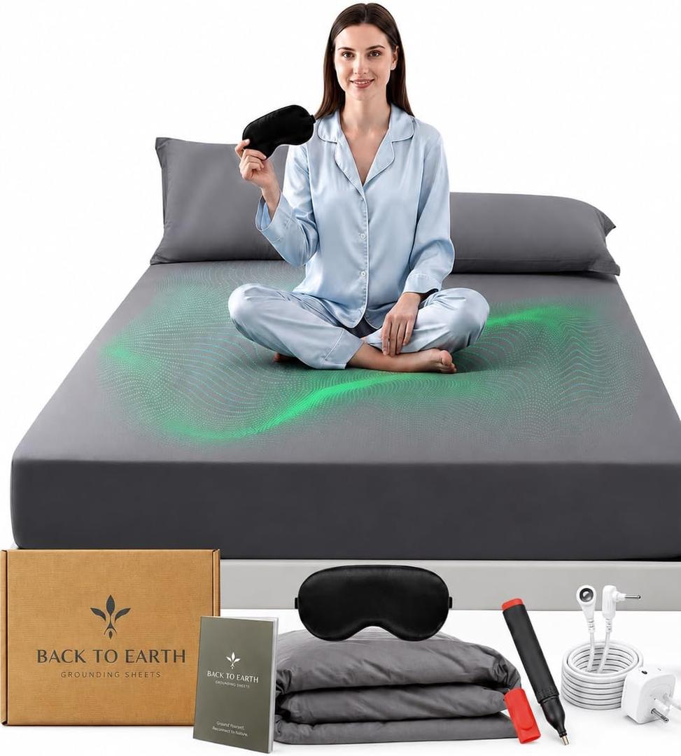25% Silver Fiber 75% Organic Cotton Grounding Sheet Queen Size 60"x80"x15" Includes Grounding Cord, Sleep Mask & Silver Test Pen -Conductive Earthing Sheet for Better Sleep, Stress Support & Recovery