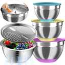 Nicdiet Mixing Bowls with Airtight Lids, Stainless Steel Mixing Bowl Set with 3 Metal Nesting Bowls, Colander & Grater, Non-Slip Bottoms, Size 1.5, 2.5, 5 QT, Great for Mixing & Serving, Multicolor