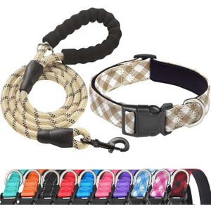 Ladoogo Reflective Dog Collar Padded with Soft Neoprene Breathable Adjustable Nylon Dog Collars for Small Medium Large Dogs (Medium (Pack of 1), Vanilla Plaid Collar+Leash)