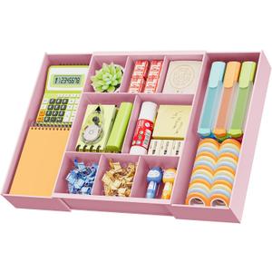 Marbrasse Expandable Desk Drawer Organizer, Clear Plastic Drawer Organizer Tray with 10 Adjustable Compartments, Desk Organizers and Accessories, 5 Drawer Dividers for Office Supplies, Makeup (Pink)