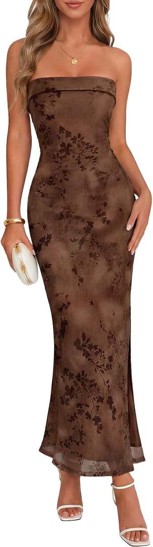 MEROKEETY Women's 2026 Summer Wedding Guest Dresses Formal Strapless Bodycon Floral Tube Mesh Cocktail Party Maxi Dress (Brown, M)