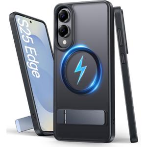 for Samsung Galaxy S25 Edge Case, Compatible with MagSafe & Built-in Stand, Military Grade Drop Tested Matte Rugged Shockproof Translucent Phone Cover Case for S25 Edge 6.7" 2025, Black