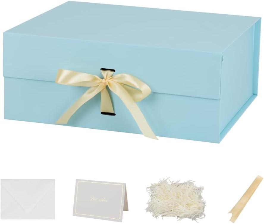 BoxSkivra Blue Extra Large Gift Box with Lid 1 Pack 19x16x6 Inch Large Gift Boxes with Crinkle Paper & Card Magnetic Gift Box with Ribbon for Wedding Dress, 1 Count