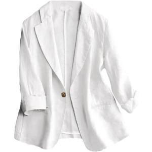 IDEALSANXUN Plus Size Blazer for Women Casual Cotton Linen Lightweight Summer Outfits Beach Clothes Cardigan Tops, White, 3XL