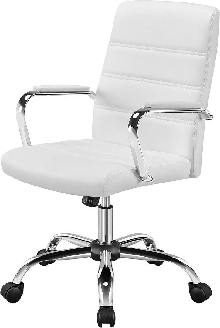 Yaheetech Office Desk Chair Mid-Back Leather Computer Chair Height Adjustable Ergonomic Executive Chair w/Lumbar Support Comfy Thick Padded Armrests and Seat, White