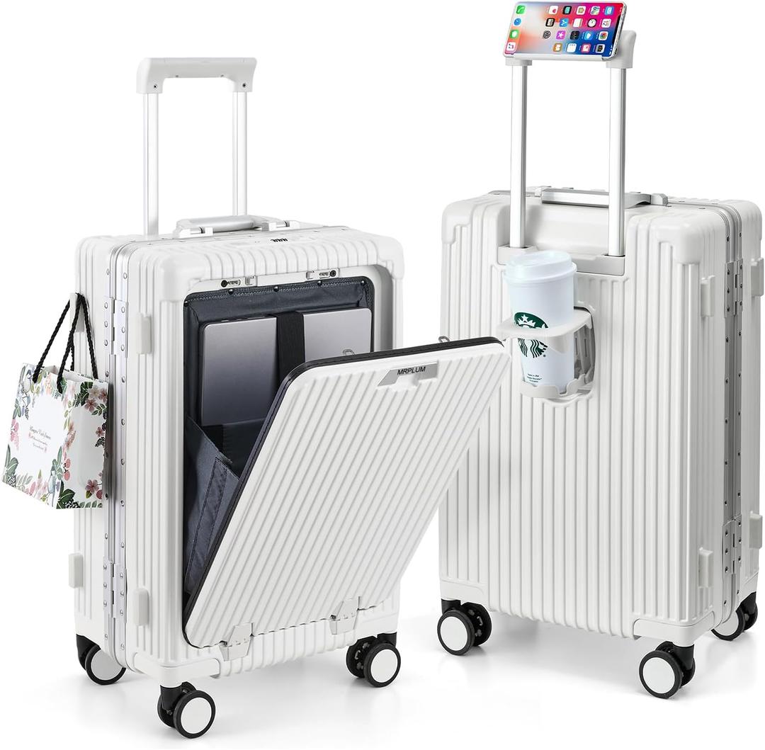MRPLUM Front Pocket Carry On Luggage,Aluminum Frame PC Hardside Spinner Wheel Suitcase with TSA Lock,Cup Holder,Phone Holder&USB Charging Port,White(1 Piece)