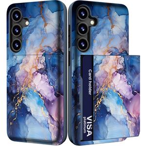 Compatible for Samsung Galaxy S24 & S25 Case Cute with Card Holder/Slim Slot Wallet Phone Cover for Women/Blue Purple Marble Natural Stone Swirls Painting Abstract