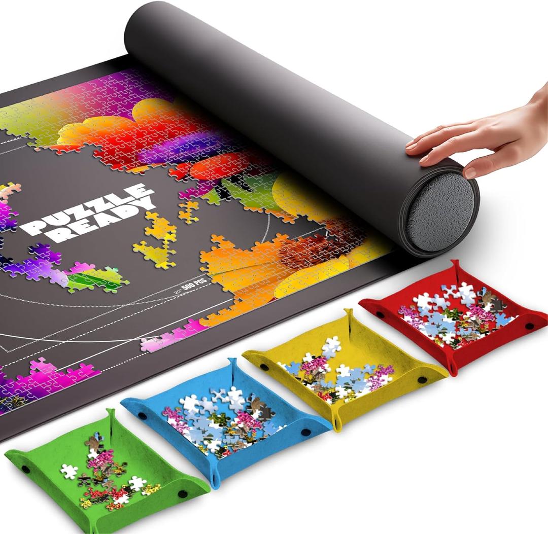 Puzzle Ready Jigsaw Puzzle Mat Roll-Up - 46 x 29.5 for 1500 Pieces - Portable Puzzle Board with 4 Sorting Trays, Storage Bag, Foam Roller, 3 Hook & Loop Fastener Straps (Puzzle Mat 1500 pcs)