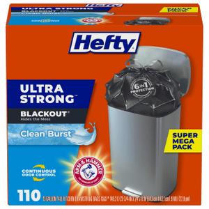 Hefty Ultra Strong Bags, Black Tall Kitchen Bags 13 Gallon Size, Break Resistant Drawstring Enclosure, Continuous Odor Control, Blackout, Clean Burst Scent, 110 Bags