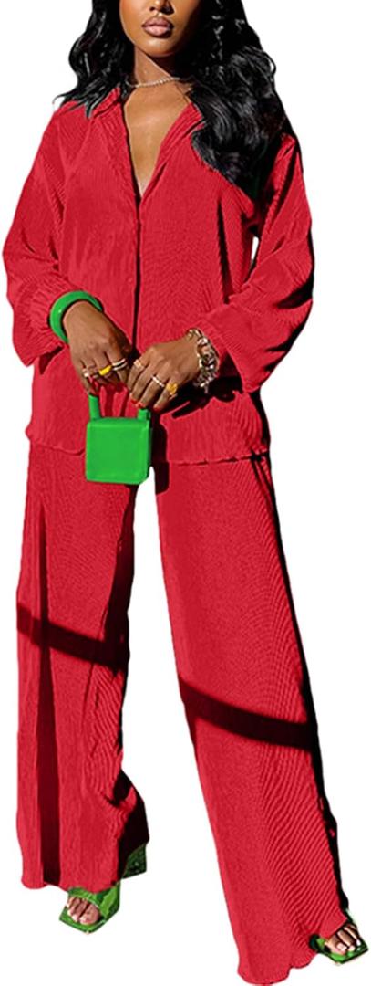 kaimimei Casual 2 Piece Outfit for Women - Linen Long Sleeve Button Down Shirt + Flare Pleated Wide Leg Pants Sets Streetwear S
