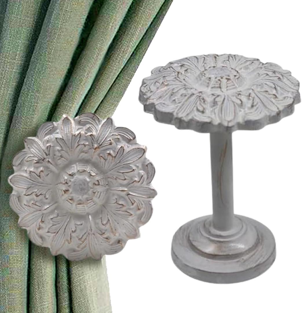 The Metal Magician Wall Mounted Floral Curtain Holdbacks (Pack of 4) - Boho Flowery Curtain Holders for Living Room, Bedroom, Office Drapes - Farmhouse Tiebacks for Curtains (White Fleur)