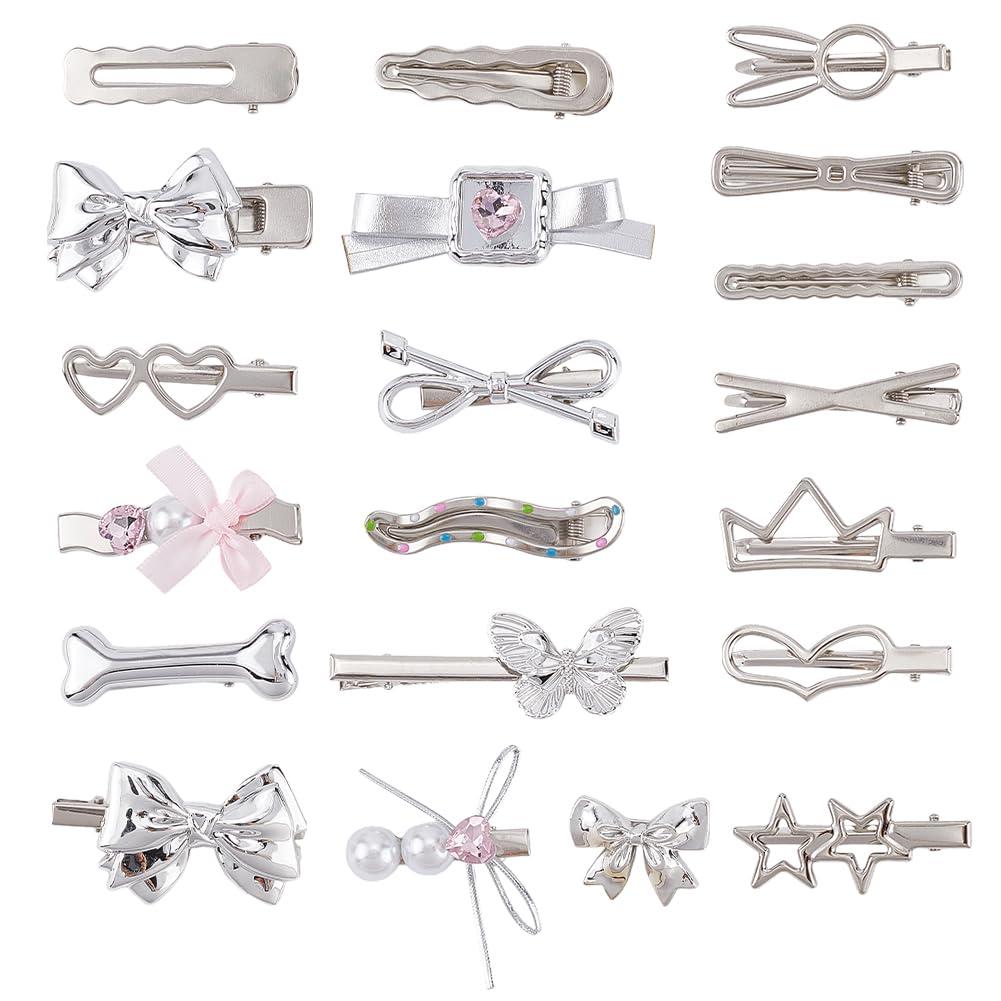 20Pcs Metal Heart Hair Clips Aesthetic Hair Barrettes with Iron Alligator Star Bow Alloy Silver Elegant Decorative Headwear Bobby Pins Accessories for Long Short Party Hairstyle DIY Decor