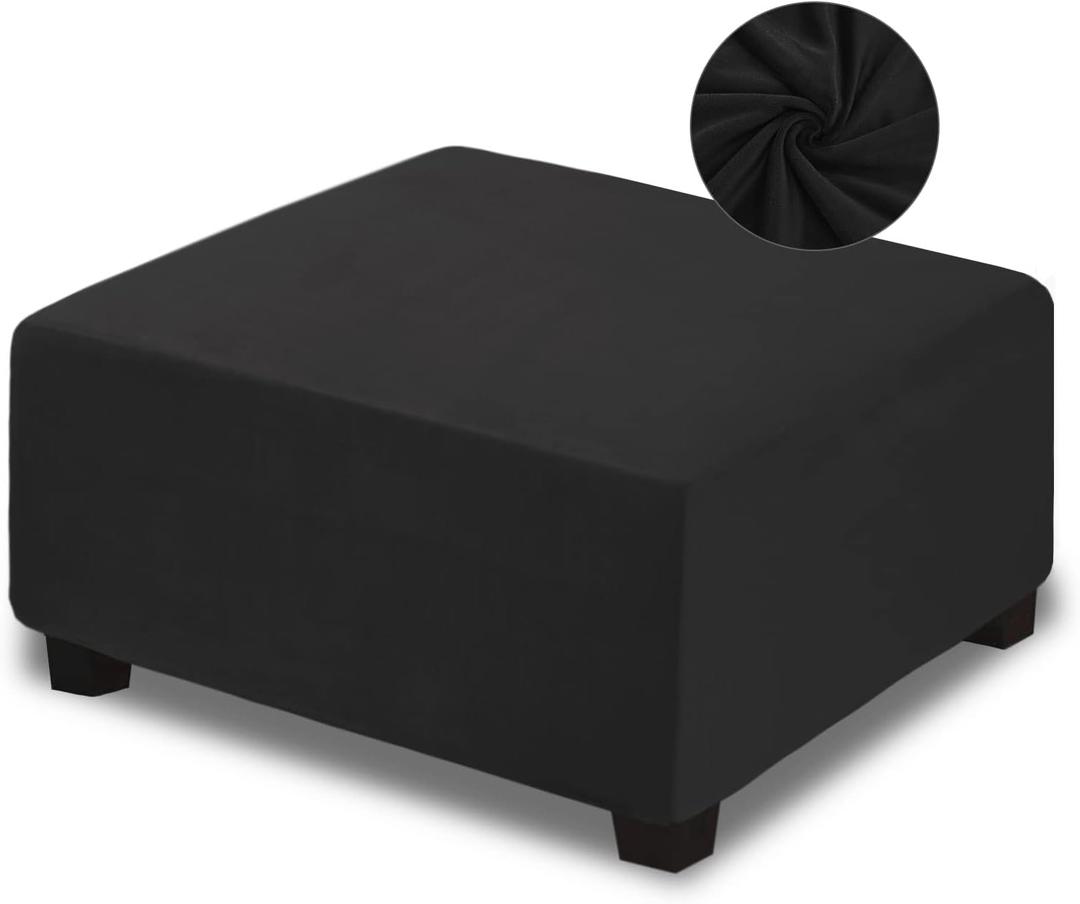NeColorLife Velvet Ottoman Cover, Stretchable Footrest Slipcover with Elastic Band, Thick Stool Cover for Rectangle or Square Storage Ottoman (Large, Black)