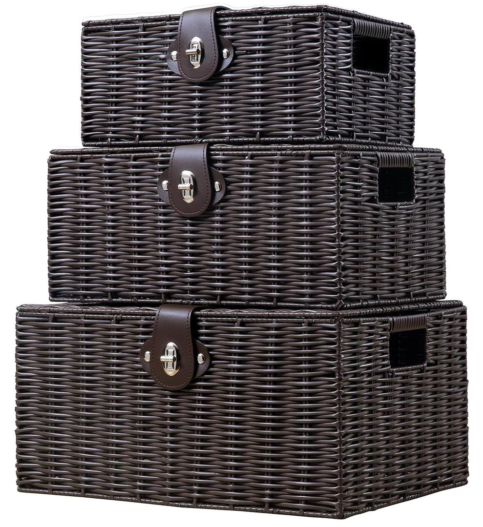 Set of 3 Woven Wicker Storage Basket Box with Lid & Lock, Built-in Carry Handles, Multifunctional Storage Organiser for Nursery, Baby, Clothes, Toys, Books, Large/Medium/Small Size (Brown)