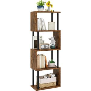 IBUYKE 5-Tier Tall Bookshelf,S-Shaped Geometric Bookcase, Wood Display Shelves with Storage,Industrial Bookshelf for Living Room Bedroom, Home Office, Rustic Brown WBC015H