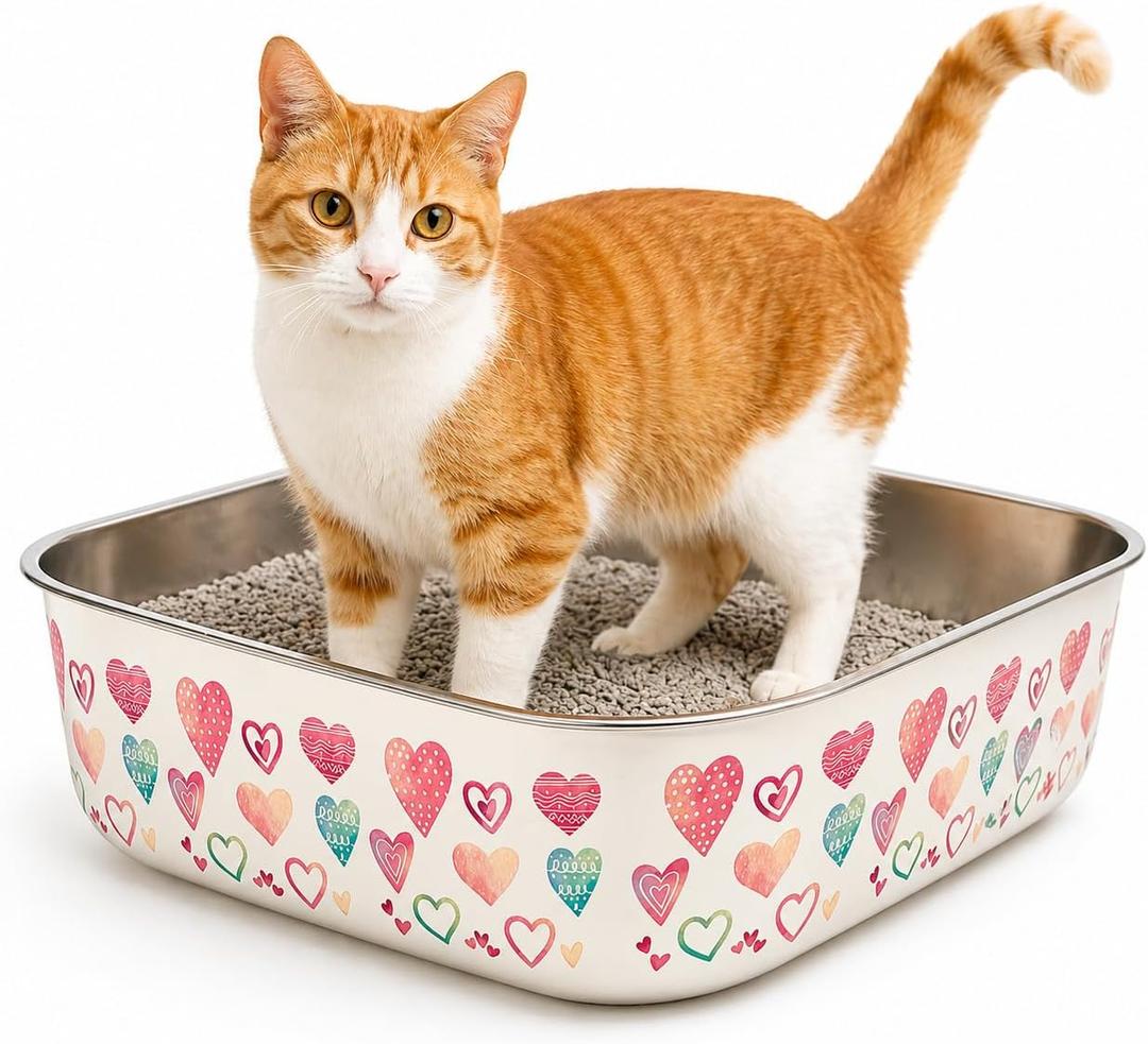 Extra Large Stainless Steel Cat Litter Box (23") – Hand-Painted Metal Litter Pan with Scoop, Odor Resistant, Non-Stick, Easy Clean (Happy Hearts)