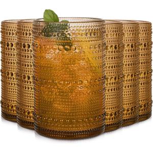 Amber Hobnail Drinking Glasses Set of 6,15 oz Vintage Highball Glasses,Drinkware Kitchen Glasses for Cocktail,Iced Coffee,Beer,Ice Tea,Wine,Whiskey,Water
